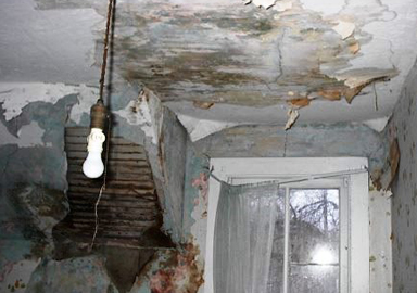 image of peeling paint, water damage, and mold on interior walls and ceiling of a home 